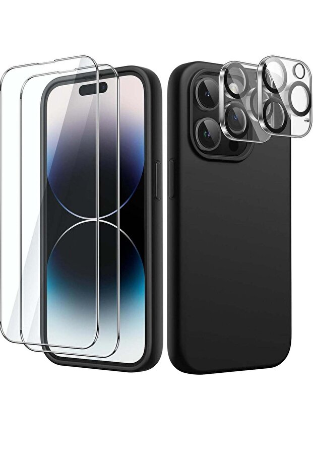 "5-in-1 iPhone 14 Pro Max (6.7-Inch) Black Silicone Case - With 2 Screen Protectors & 2 Camera Lens