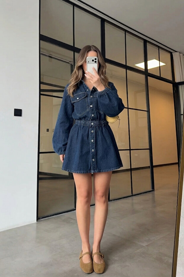 Women's Elastic Waist, Elastic Hem, Denim Mini Dress