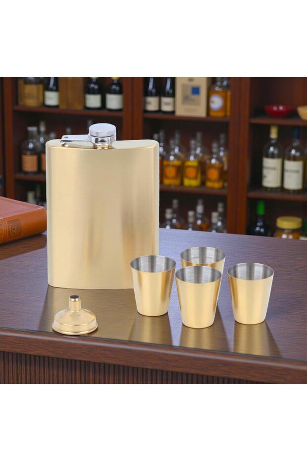 Stainless Steel Liquor Flask 4 Shot Glasses & Funnel Set 8 oz 240 ml Camping Pocket Flask – Gold Color