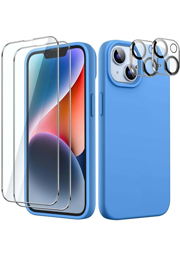 "5-in-1 iPhone 14 (6.1-Inch) Blue Silicone Case - With 2 Screen Protectors & 2 Camera Lens Protector