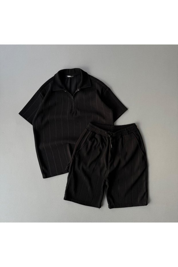 Raporlu Ottoman Fabric Black Tshirt + Black Shorts 2-Piece Top and Bottom Set