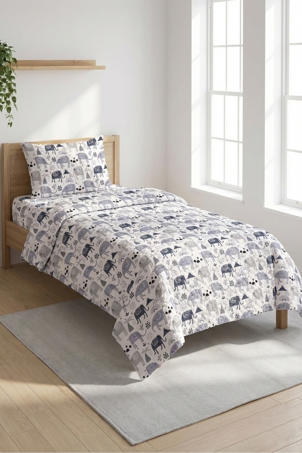 Cute Elephant Patterned Gray Baby Pique Set-Safari Nordic White Anthracite Quilted Bedspread