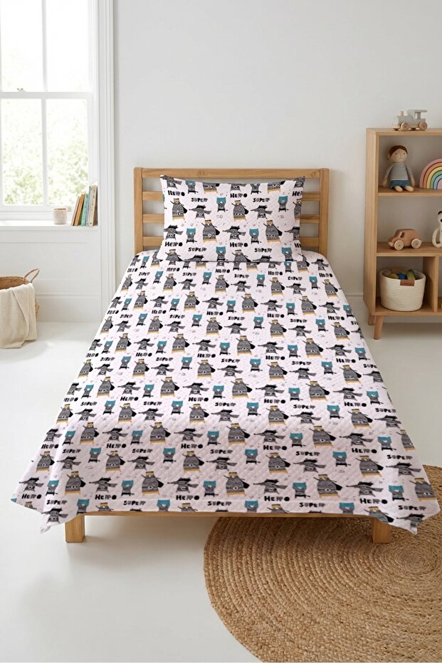 Superhero Patterned Baby Pique Set - Comic Book Themed Nordic Gray Turquoise Bedspread