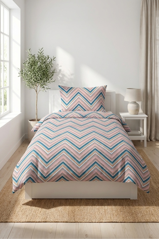 Zigzag Striped Pastel Children's Single Pique Set-Geometric Youth Room Powder Quilted Bedspread
