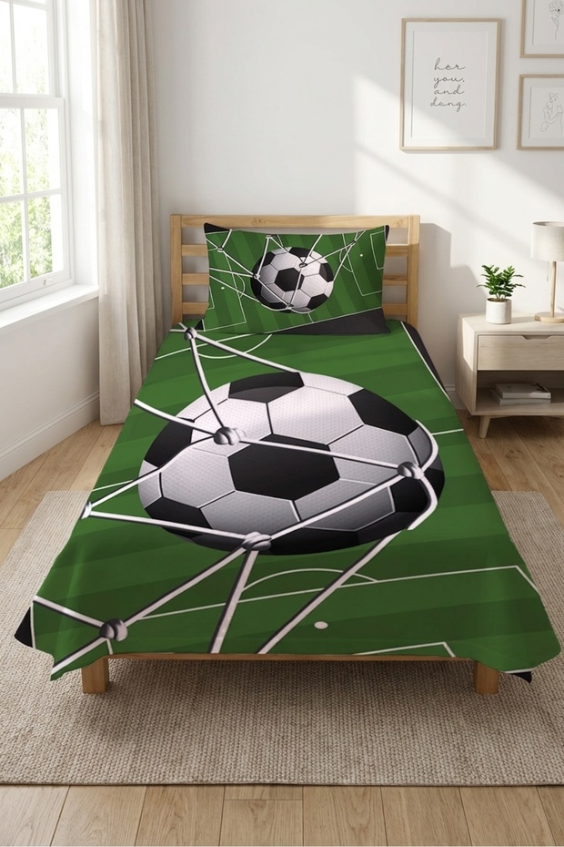 Soccer Ball Net Patterned Single Pique Set-Youth Room Modern Green Black Quilted Bedspread