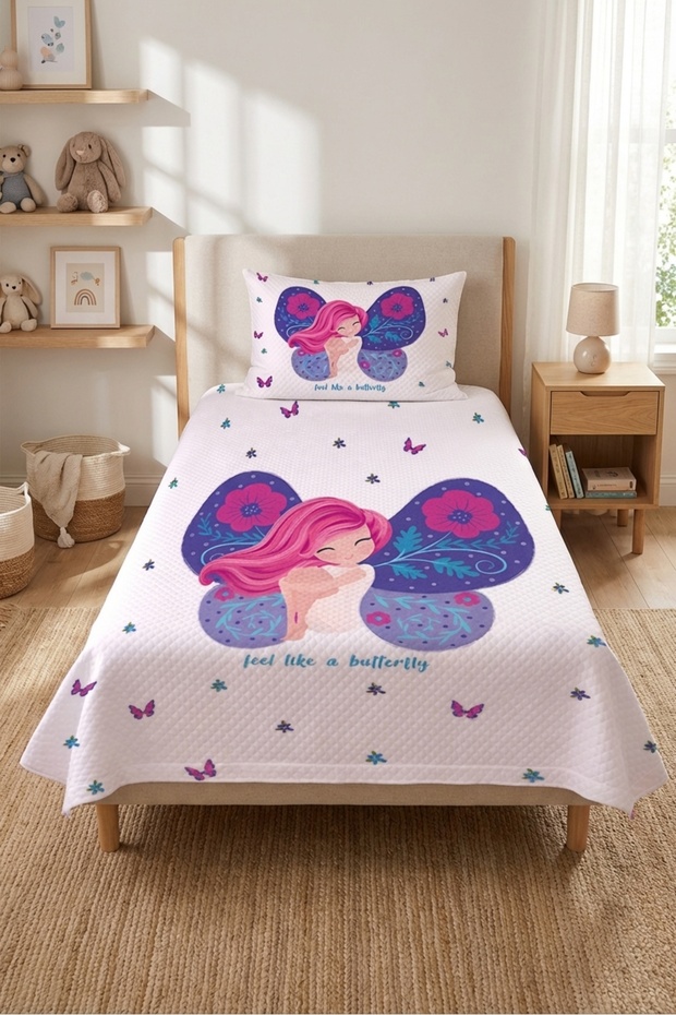 Butterfly Fairy Floral Single Pique Set - Fairy Tale Themed Lilac Pink Quilted Bedspread