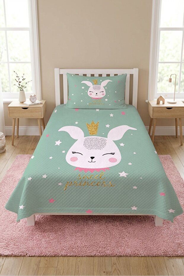 Rabbit Star Crown Baby Pique Set-Princess Tale Nordic Pink Gold Decorative Bedspread