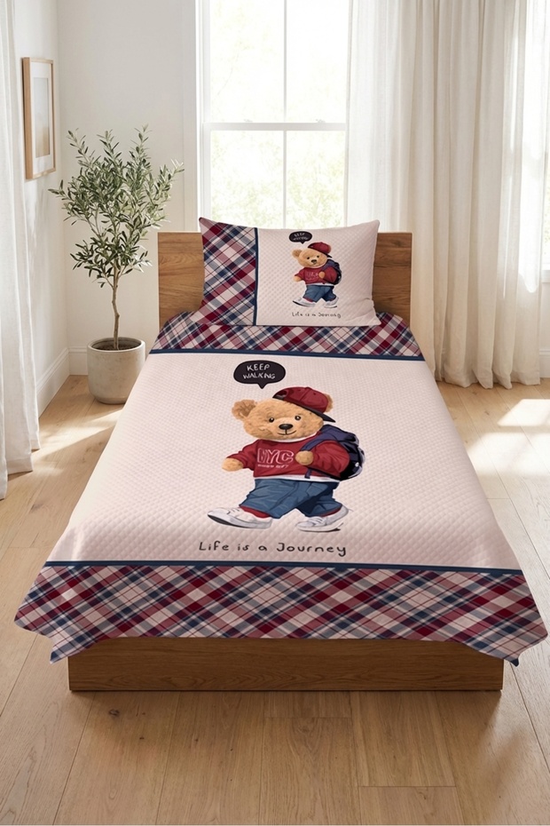 Children's Pique Set with Plaid Teddy Bear Figure - Urban Adventure Modern Burgundy Navy Blue Decorative Bedspread