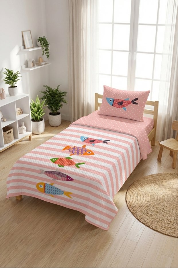 Fish Pattern Striped Polka Dot Teen Pike Set-Colorful Sea Modern Powder Coral Decorative Bedspread