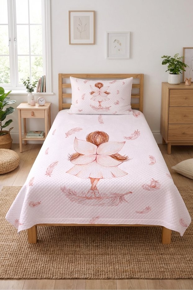 Fairy Feather Pink Children's Teenager's Pique Set - Fairy Tale Themed Nordic Powder Salmon Decorative Bedspread