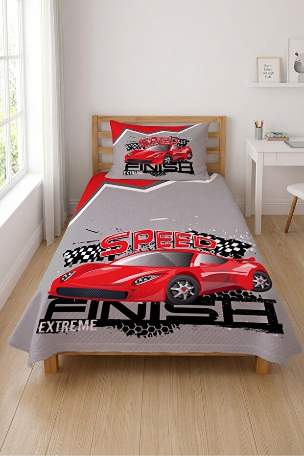 Racing Car Speed Themed Single Duvet Set-Automobile Concept Modern Gray Red Bedspread