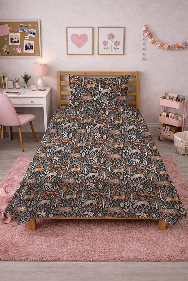 Forest Animals Deer Patterned Teenager Pike Set-Wild Nature Scandinavian Anthracite Cinnamon Bedspread