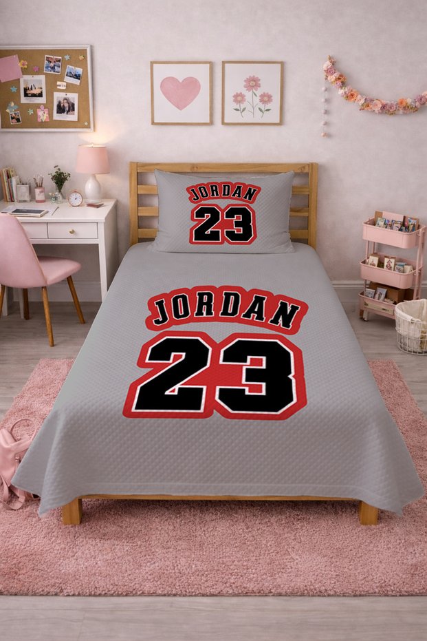 Sporty Baby Pique Set with Basketball Numbers - Street Style Modern Gray Red Decorative Bedspread