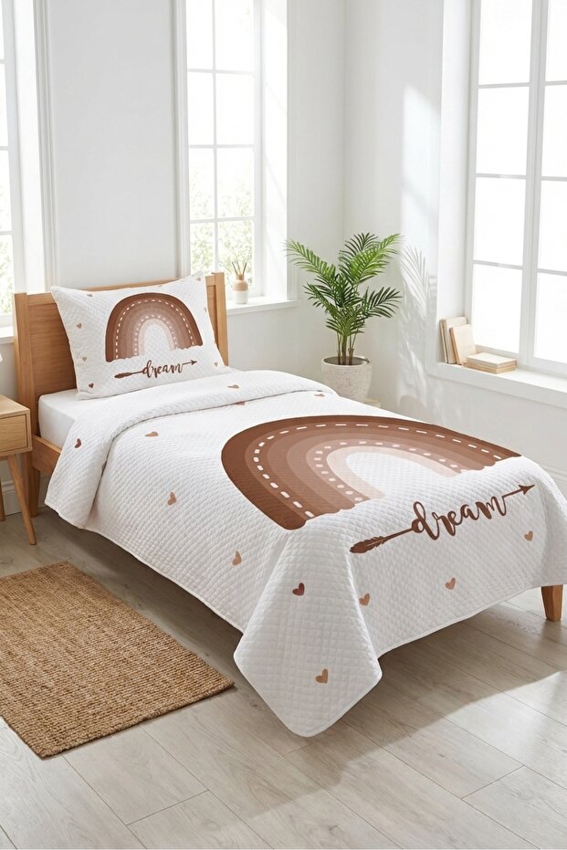 Rainbow Heart Patterned Children's Pique Set - Bohemian Dream Themed Powder Brown Quilted Bedspread