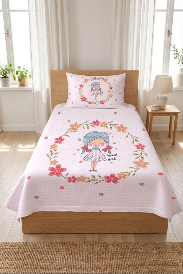 Floral Cute Girl's Teenage Pique Set-Romantic Fairytale Modern Powder White Quilted Bedspread