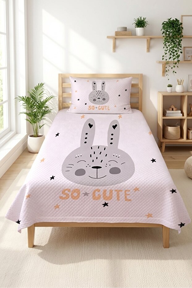 Cute Young Pique Set with Rabbit Stars - Minimal Animal Themed Nordic Gray Decorative Bedspread