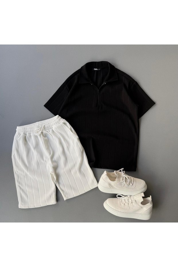 Raporlu Ottoman Fabric Black T-Shirt + White Shorts 2-Piece Top and Bottom Set