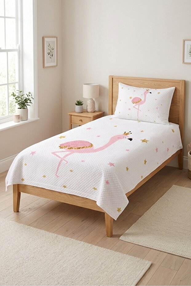 Flamingo Starry Princess Children's Pique Set - Fairy Tale Themed Modern Pink Gold Decorative Bedspread