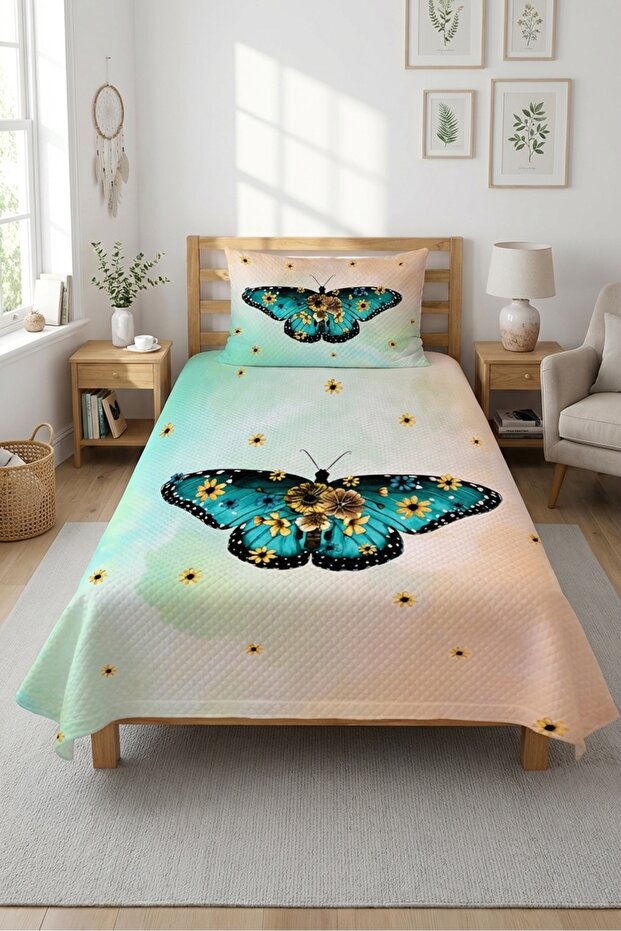 Butterfly Daisy Floral Mint Baby Pique Set - Nature-Inspired Nordic Cream Decorative Bedspread