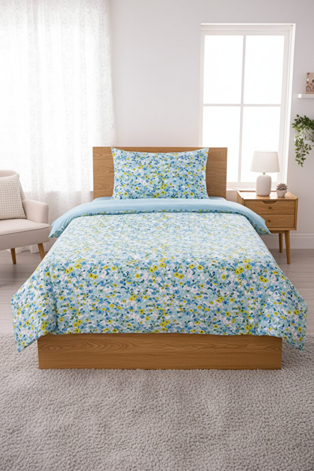 Floral Blue Yellow Ditsy Pattern Single Pique Set-Country Garden Modern Blue White Bedspread