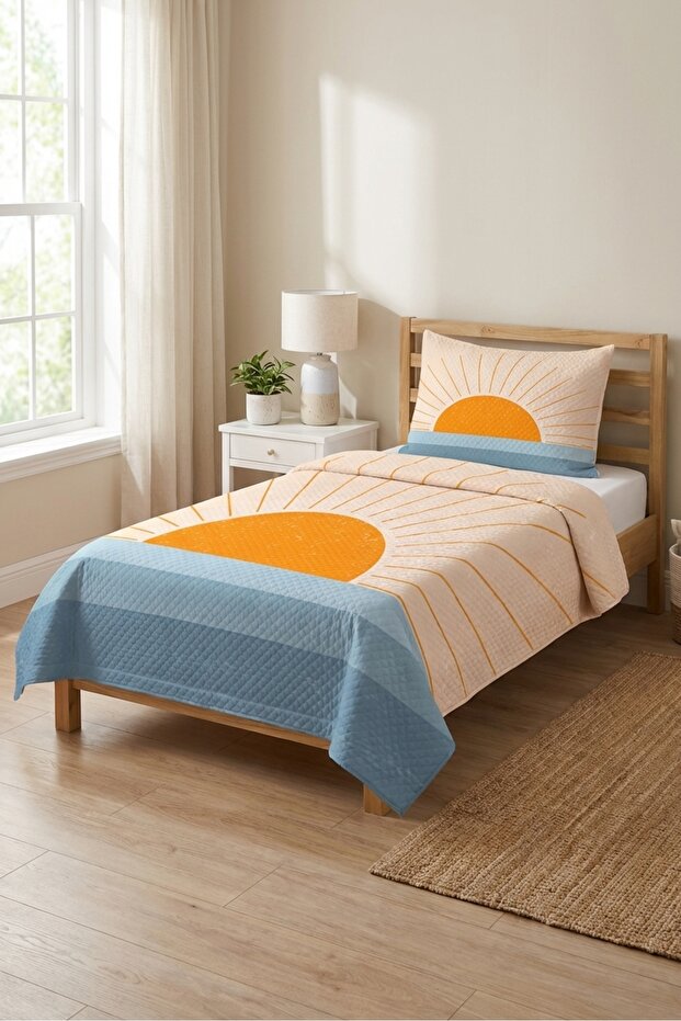 Sunny Rays Orange Baby Pique Set - Sea-Inspired Modern Blue Yellow Quilted Bedspread