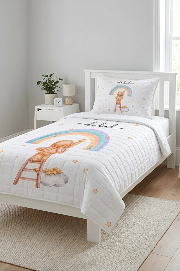 Rainbow Rabbit Starry Children's Pique Set - Cute Nordic Powder Ecru Decorative Bedspread
