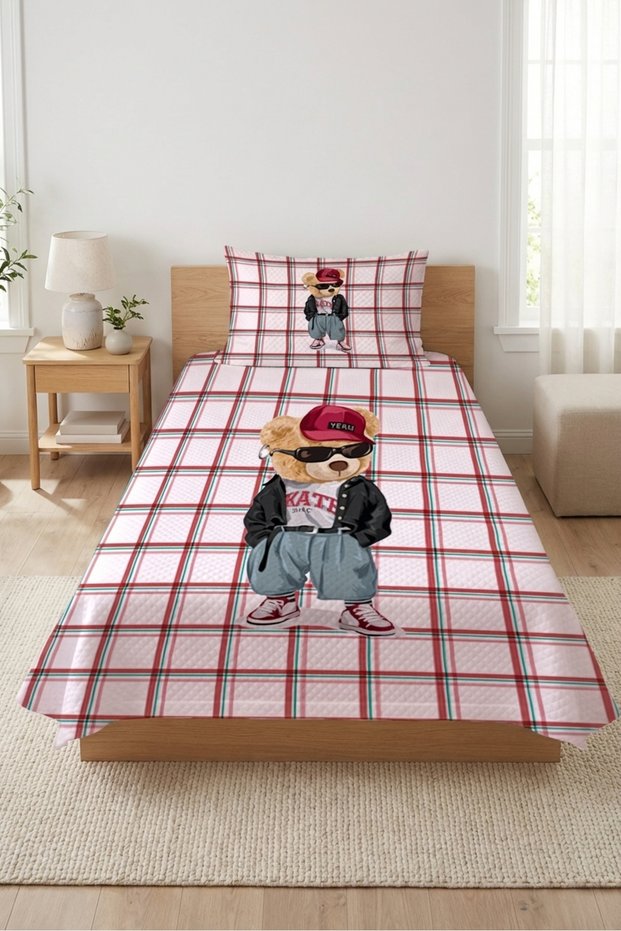 Children's Pique Set with Plaid Teddy Bear Figure - Street Themed Modern Powder Burgundy Decorative Bedspread