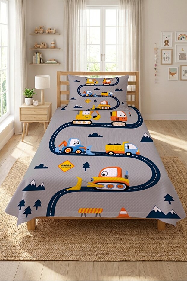 Construction Machinery Road Themed Kids Pike Set-Cute Construction Site Nordic Gray Decorative Bedspread