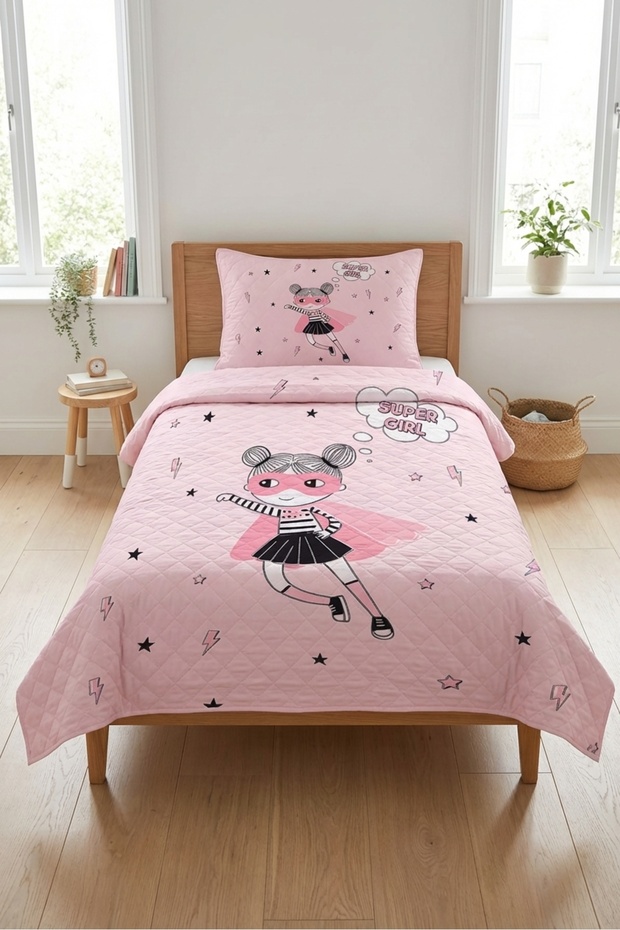 Super Hero Girl Star Patterned Children's Pique Set - Masked Energetic Modern Powder Black Bedspread