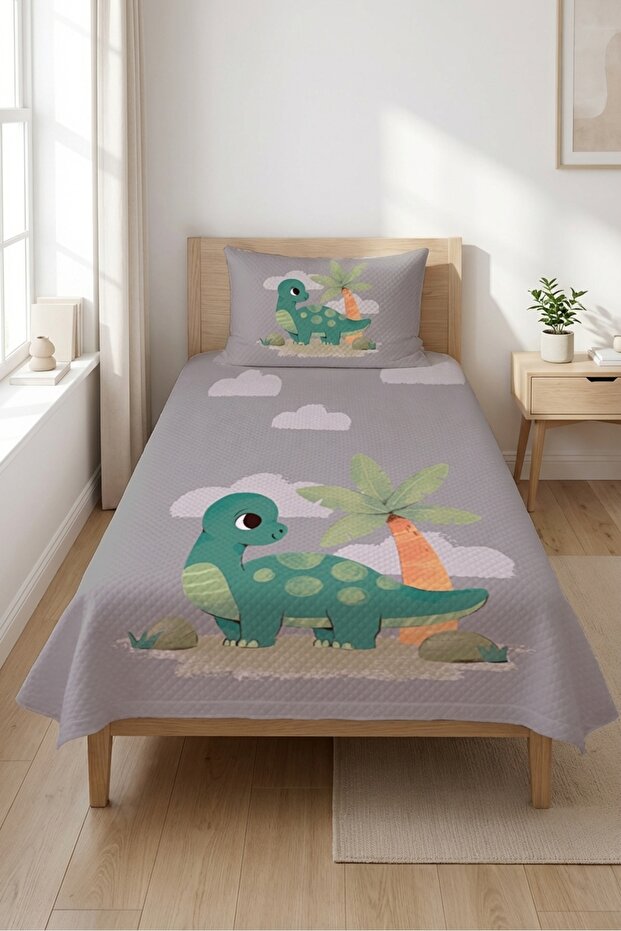 Cute Dinosaur Cloudy Single Pique Set-Tropical Adventure Scandinavian Gray Green Bedspread