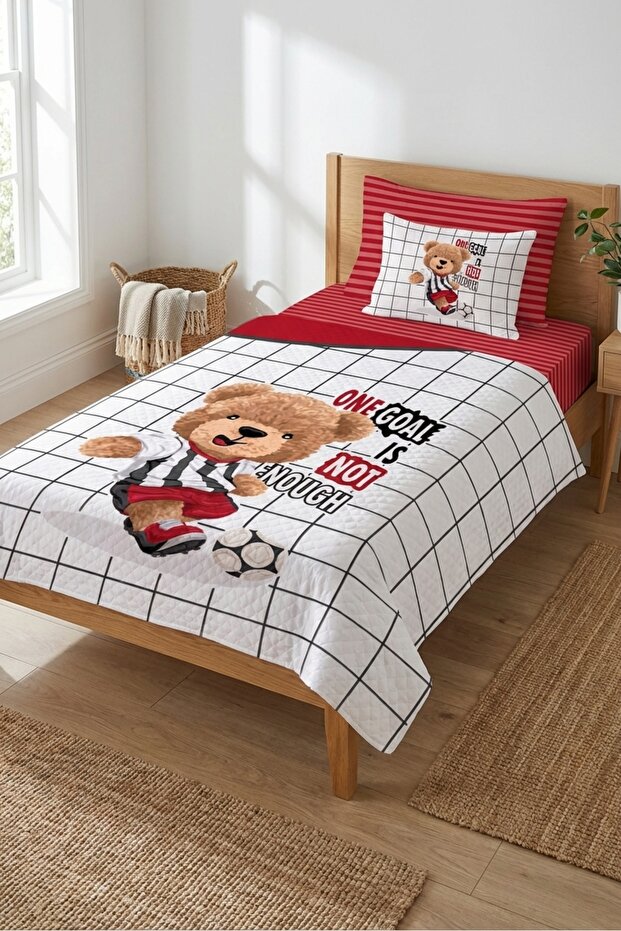 Football Player Teddy Bear Plaid Youth Pique Team-Sports Themed Modern White Red Quilted Bedspread