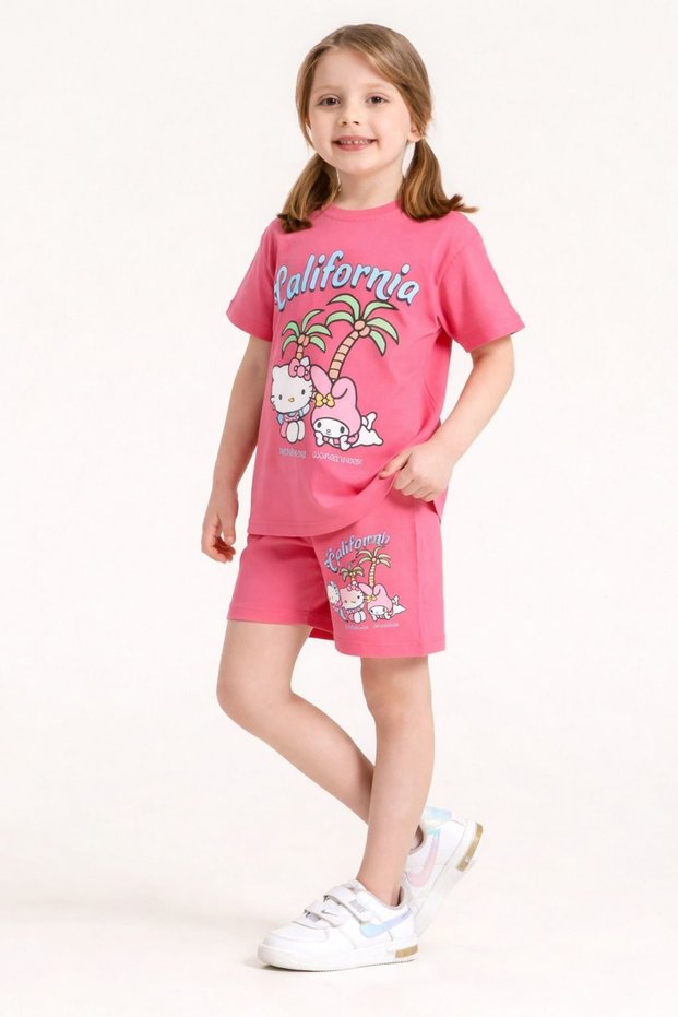 Girl's Printed Shorts Set, Slim Fit Cotton Summer T-Shirt and Shorts 2-Piece Set
