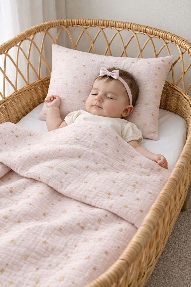 Sevza Kids %100 Pamuk 2'li Müslin Örtü - Yastık Kılıfı - Bebek Nevresim Seti -Gold - 90x100 35x45