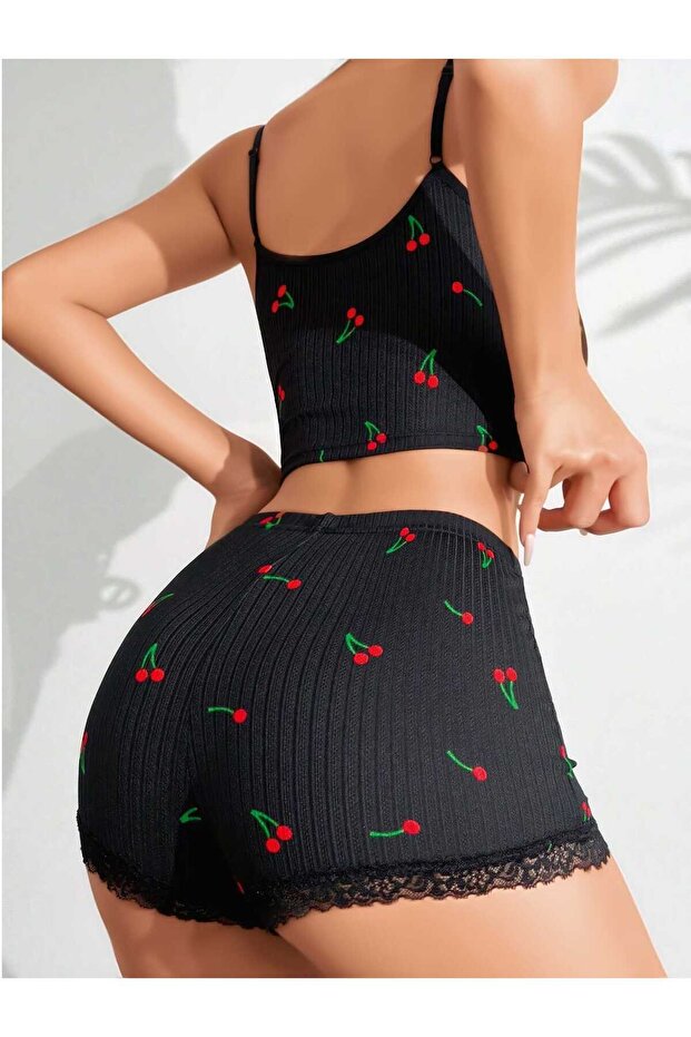 Cherry Patterned Shorts Pajama Set - 3