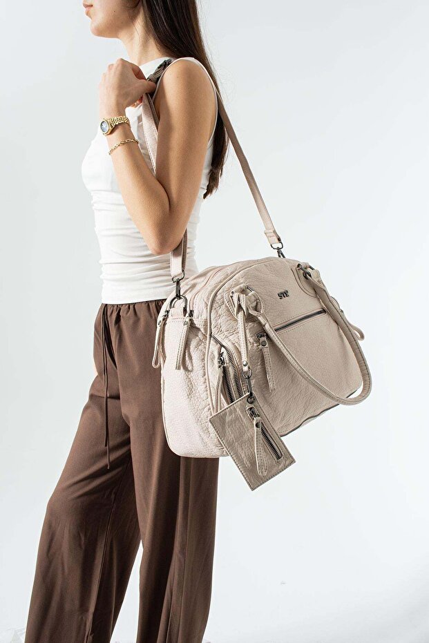 Washable Leather Multi-Compartment, Shoulder and Arm Bag Beige Model: (571-14-18E)