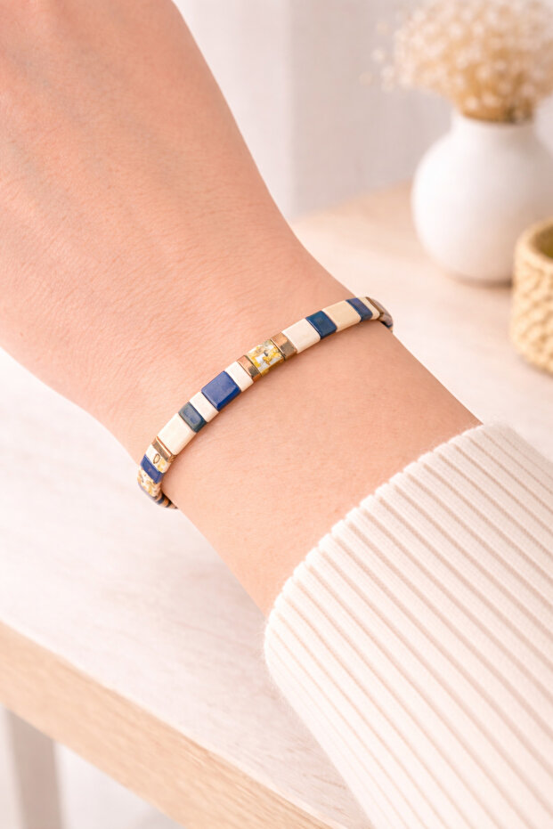 Miyuki Navy Blue Cream Picasso Tila Bracelet