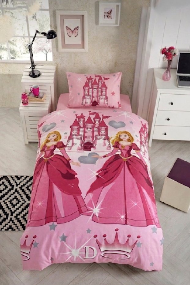 Healthy Cotton Princess Pink Heart Single Child Girl Bedding Set with Elastic Sheets