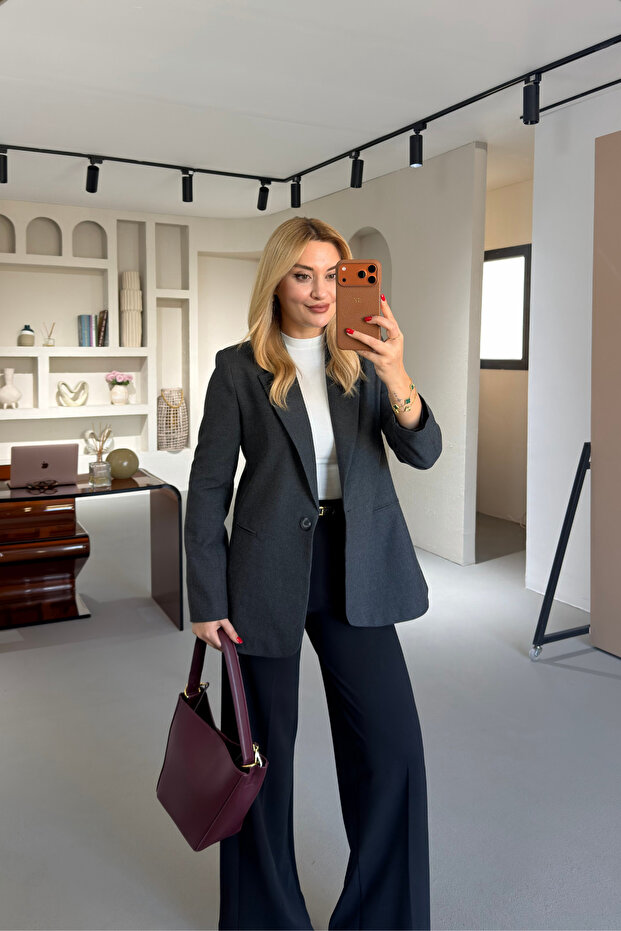 Single Button Anthracite Blazer Jacket - 1