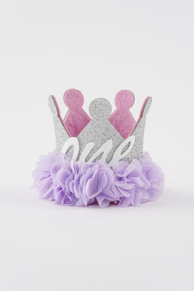 One Written 1 Year Old Funnel Elastic Birthday Glitter Party Hat Crown (Silver-Lilac)