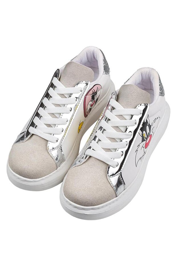 Women's vegan leather white sneakers - warner bros tweety sylvester puddy tat design