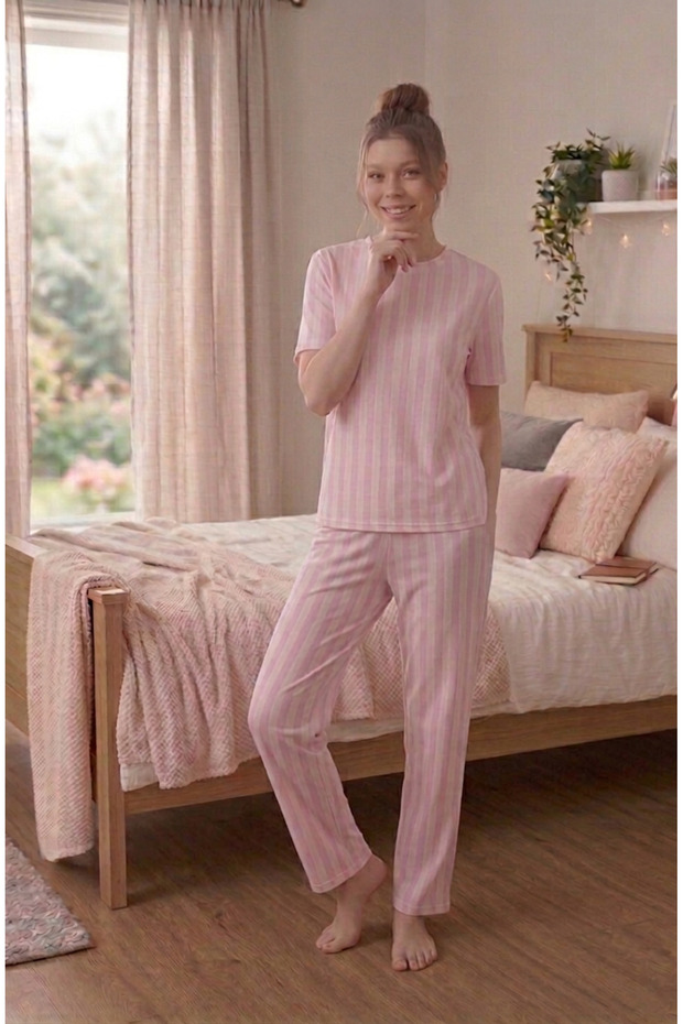 Candy Stripe Crew Neck Short Sleeve Women's Pajama Set