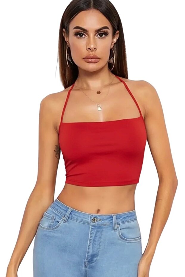 Red Backless Crop Bustier with Tie Back - 2
