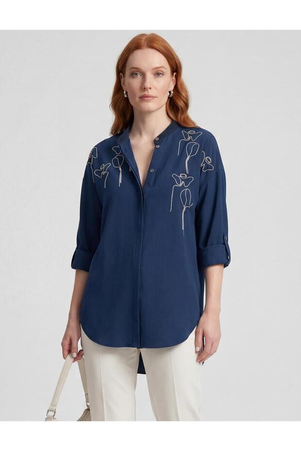 Embroidered College Collar Tunic Dark Navy Blue
