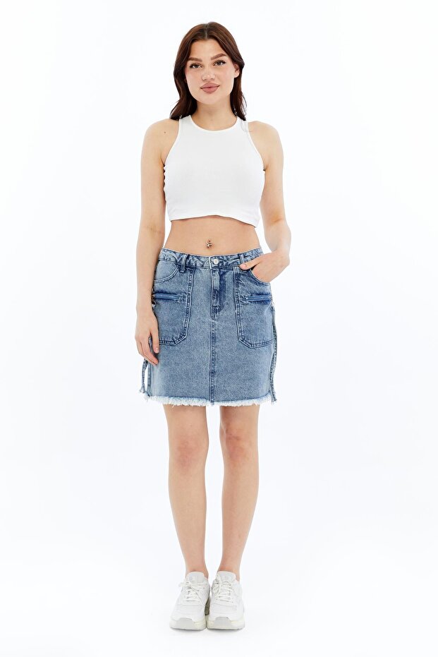 Women's Denim High Waist Mini Skirt with Fringes and Back Pockets, Zipper Detail on the Front