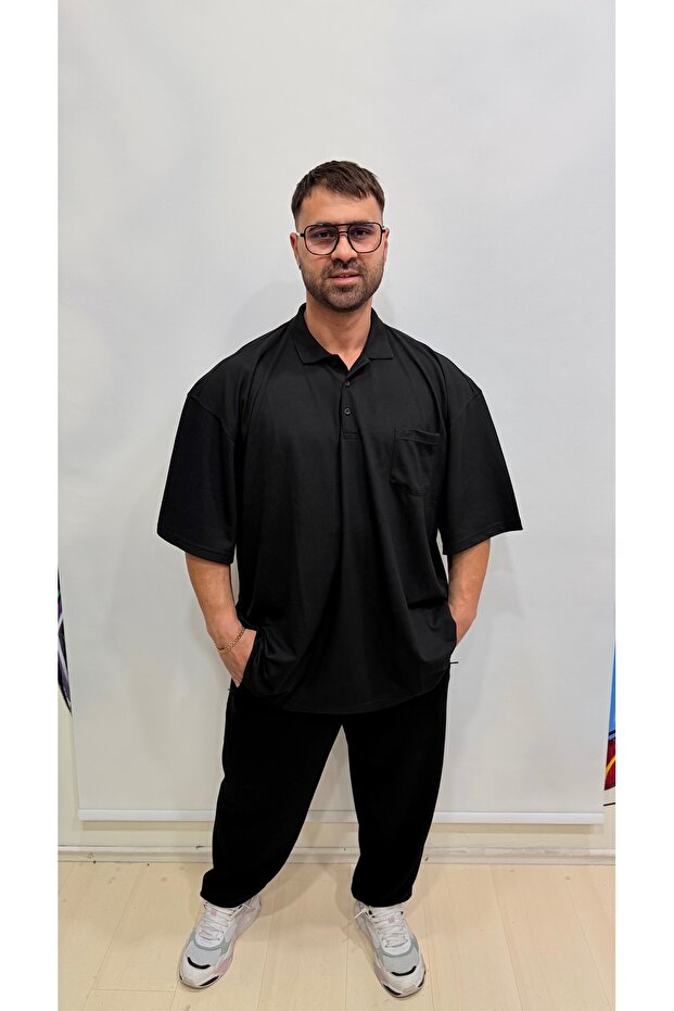 Black Front Pocket Plus Size Oversized Polo Collar Short Sleeve