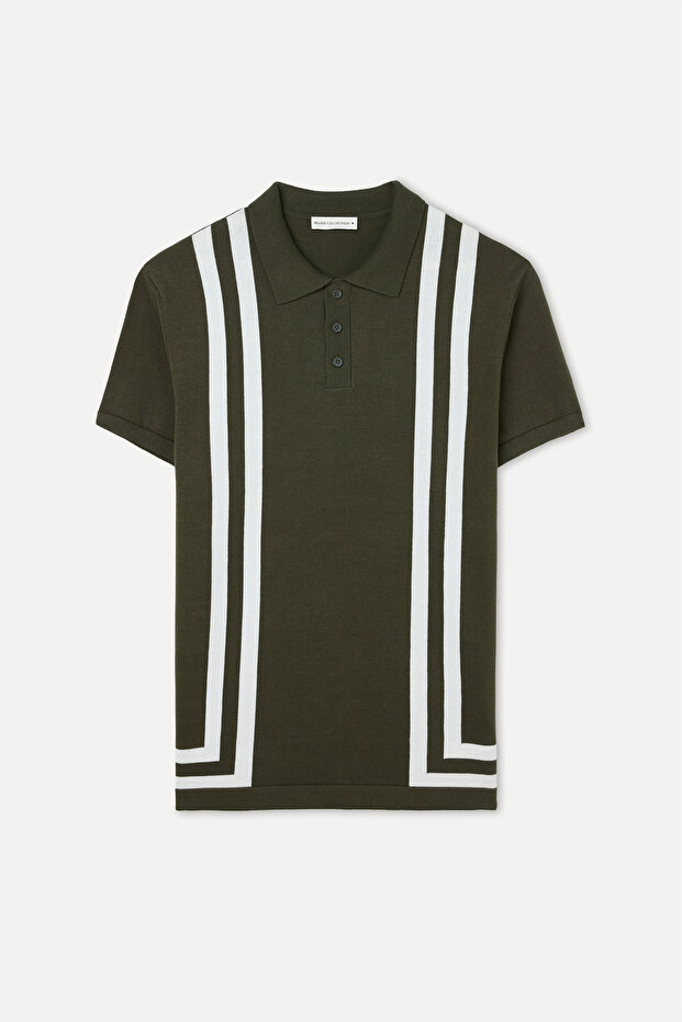 Men's Dark Khaki Striped Polo Collar Short Sleeve Knit Sweater