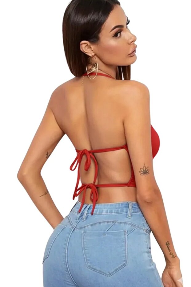 Red Backless Crop Bustier with Tie Back - 3