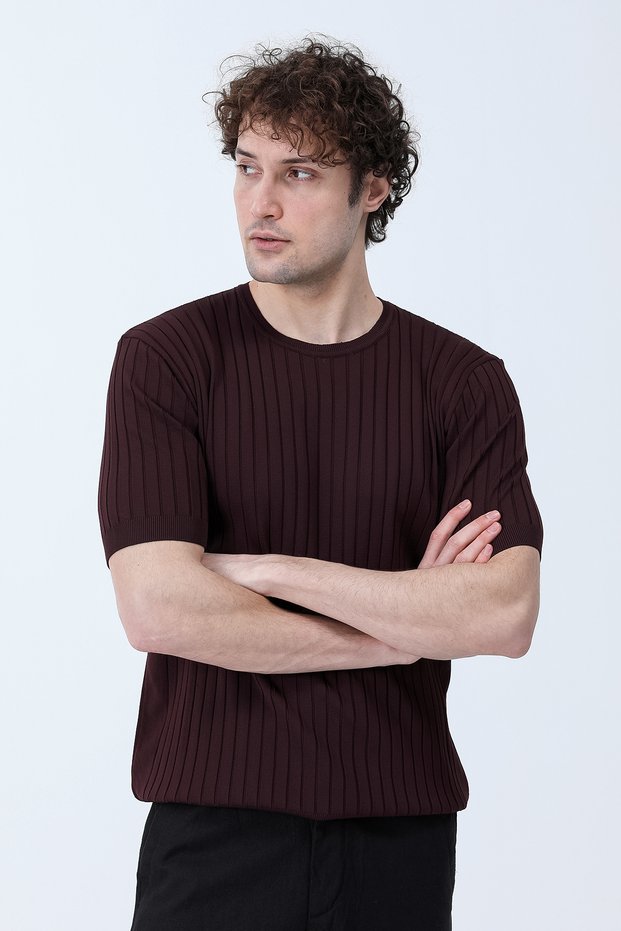 Men's Crew Neck Ribbed Knit T-Shirt Claret Red - 26Y 681