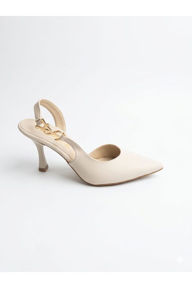 Sandy; Cream, Classic Thin 9 cm Heeled Stiletto with Buckle Detail