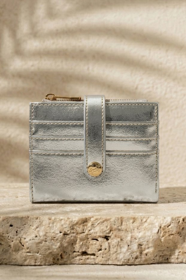 Card Holder Compartment Snap Detail Women's Wallet Silver